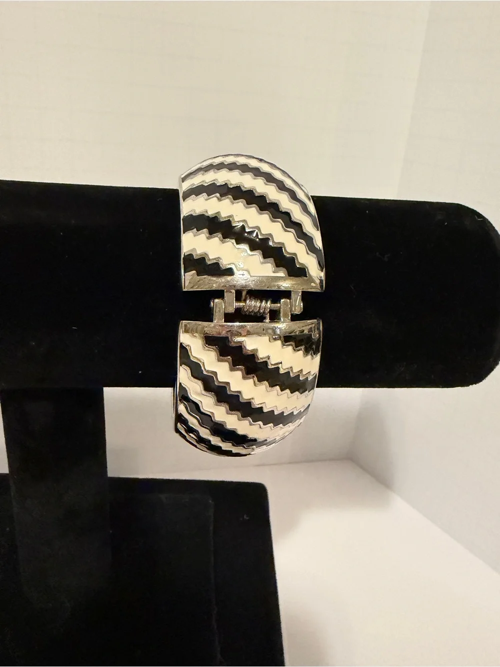 Black and White Striped Enamel Clamper Bracelet Silvertone Wide Oversized